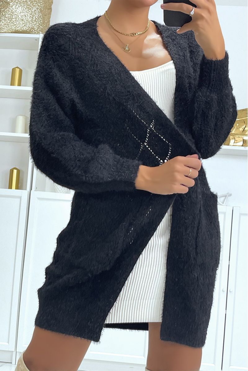 Long black fluffy vest with pockets and pretty braided pattern - 1