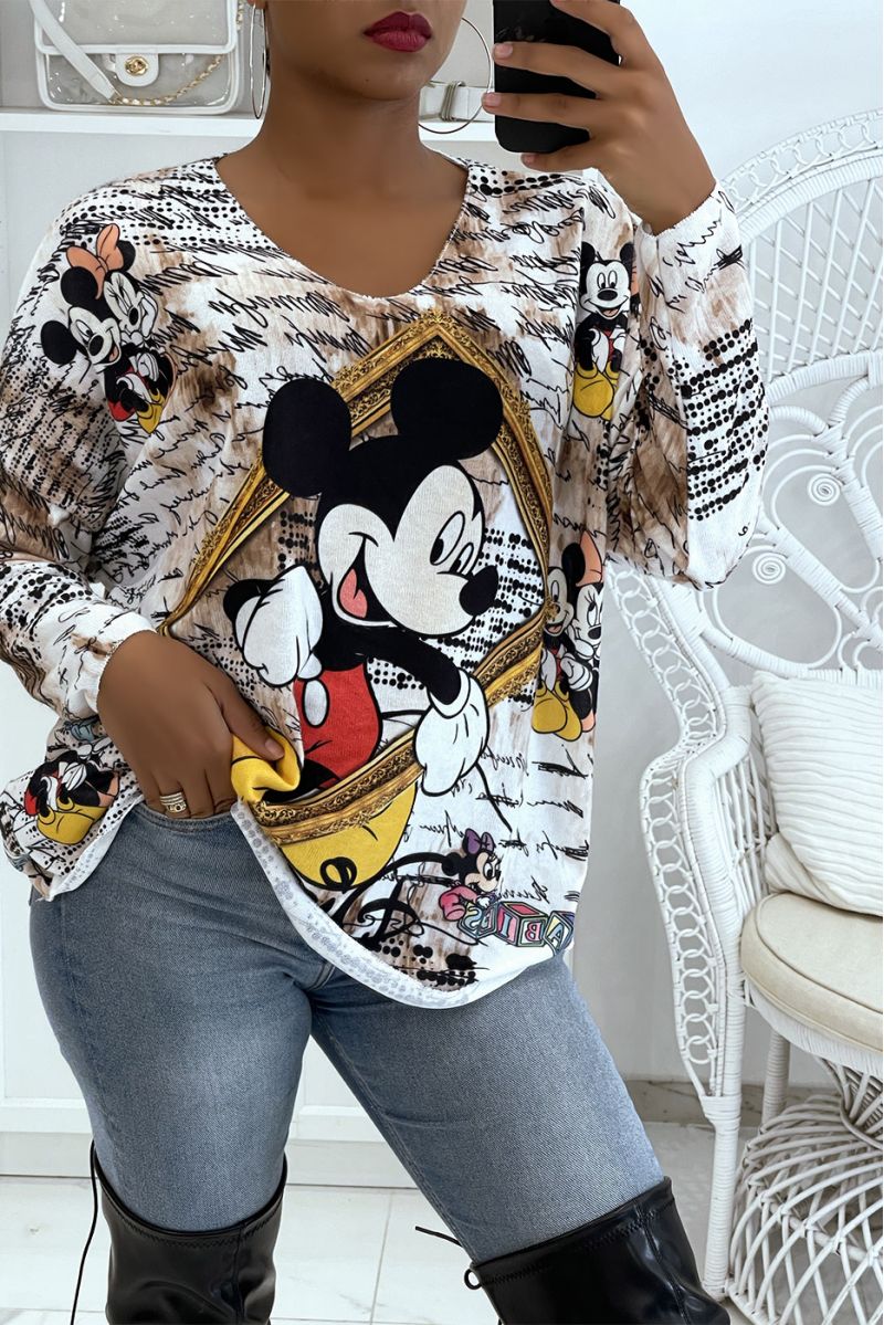 Zeer zachte lichte oversized witte V-hals trui met Mickey print en barok patroon - 1