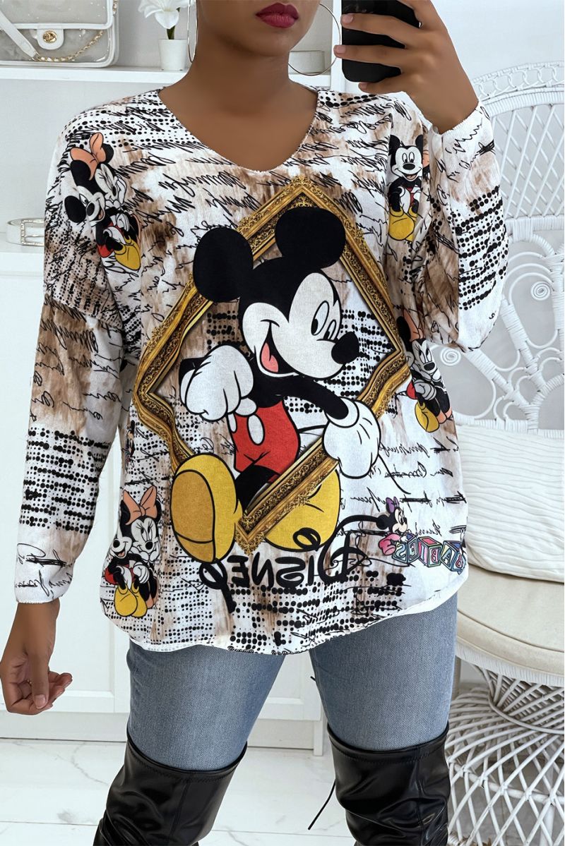 Zeer zachte lichte oversized witte V-hals trui met Mickey print en barok patroon - 2