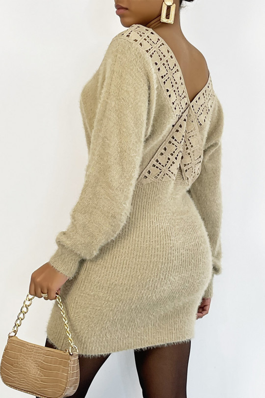 Super soft furry V-neck fitted taupe sweater dress with plunging neck back - 2