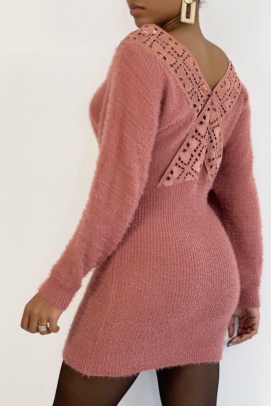 Fuchsia pink fitted sweater dress with super soft furry neckline and plunging neck back - 4
