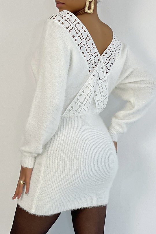 Super soft white furry V-neck fitted sweater dress with plunging neck back - 6