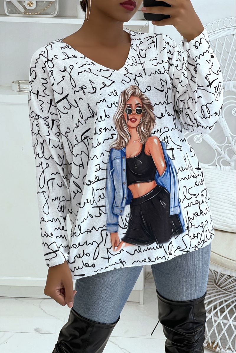 Witte, zeer zachte oversized lichtgewicht V-hals damestrui met schrijf- en tekenprint - 2