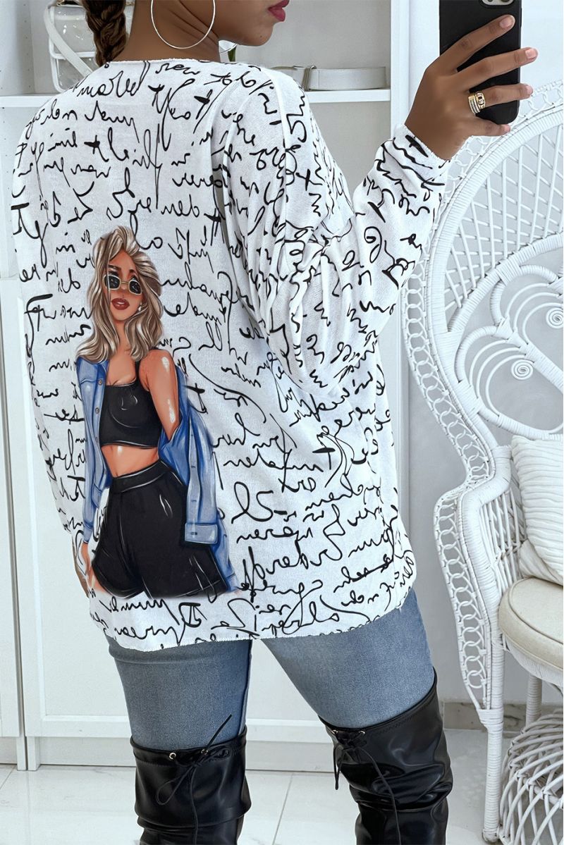 Witte, zeer zachte oversized lichtgewicht V-hals damestrui met schrijf- en tekenprint - 3