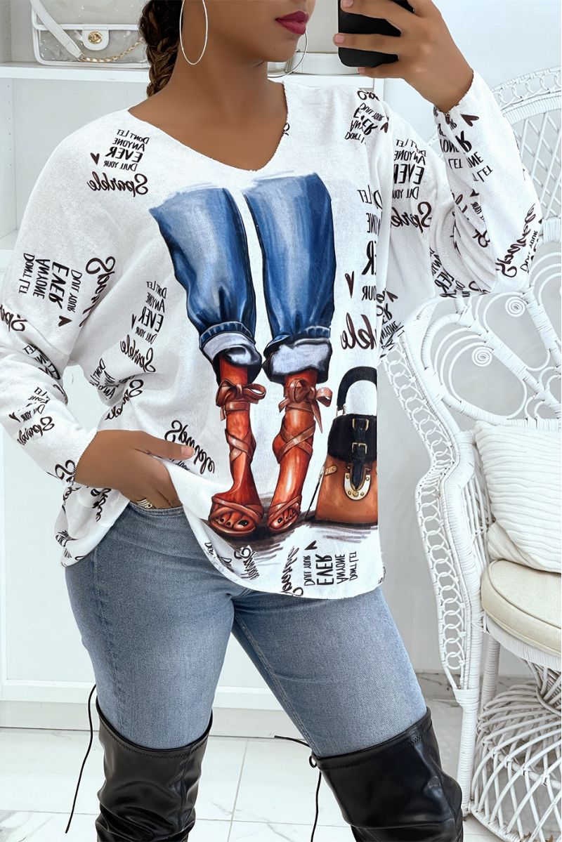 Very soft light oversized white V-neck sweater with fashion design.    - 4