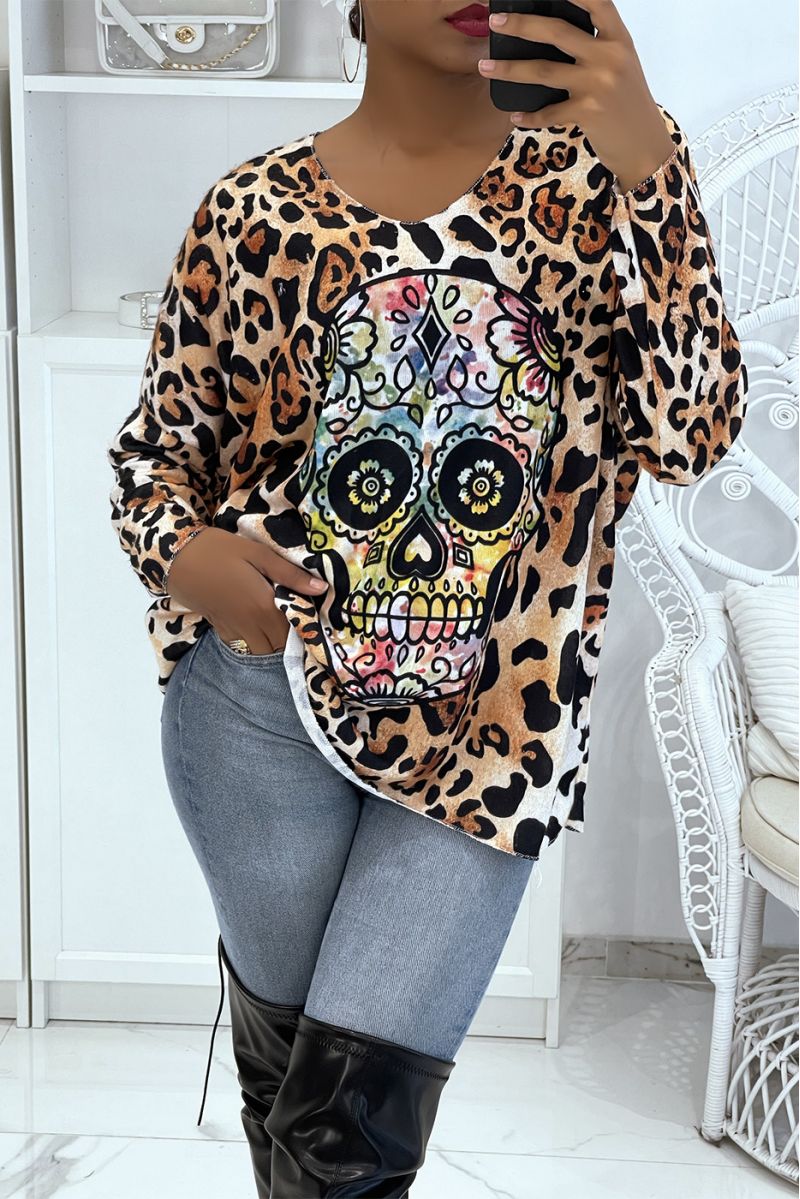Lightweight oversized very soft leopard V-neck sweater with batwing sleeves and printed rock designs   - 1