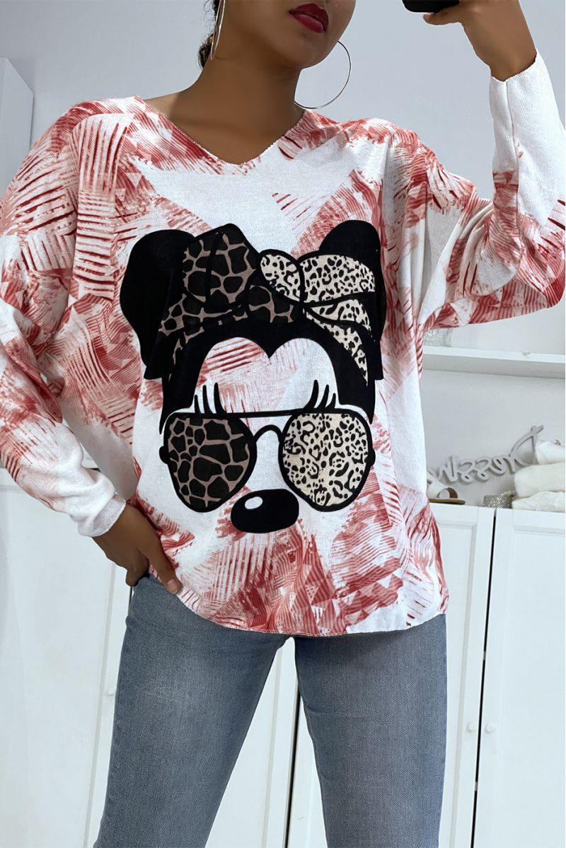 Pull col V léger oversize très doux motif minnie rose et léopard  - 1
