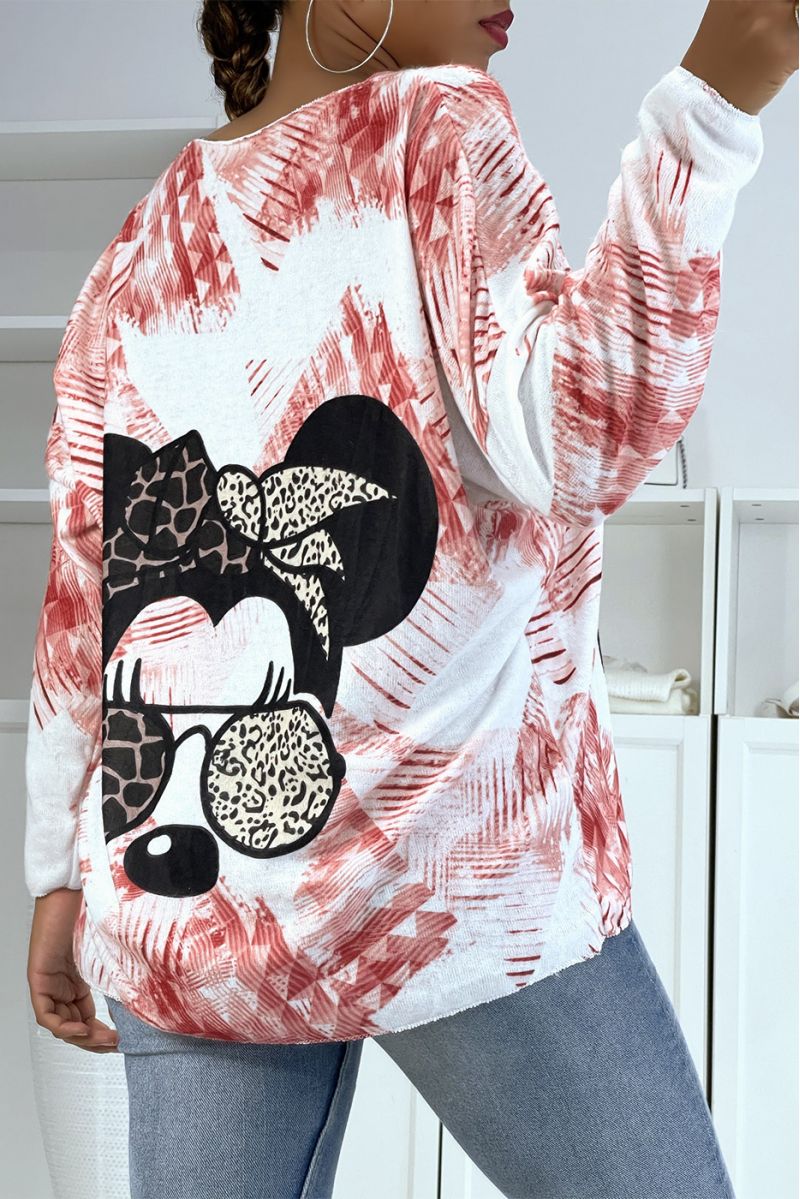 Pull col V léger oversize très doux motif minnie rose et léopard  - 2