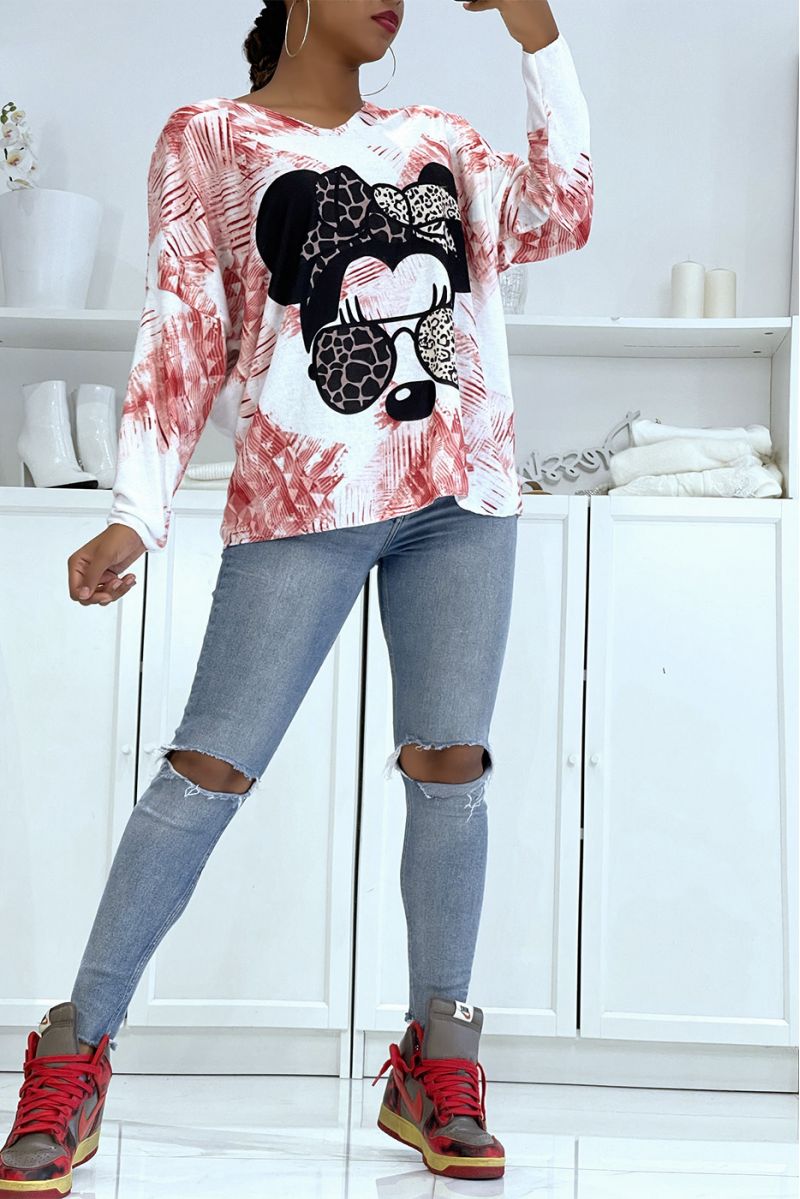 Pull col V léger oversize très doux motif minnie rose et léopard  - 3