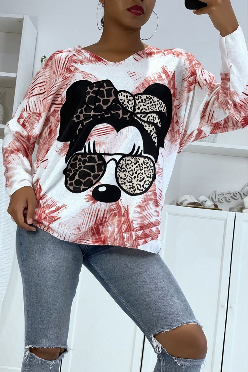 Pull col V léger oversize très doux motif minnie rose et léopard  - 4