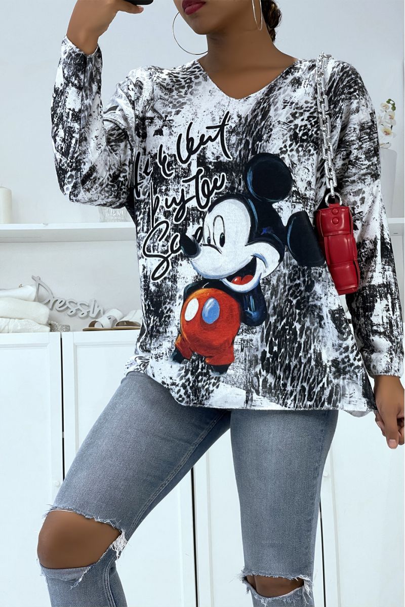 Very soft light oversized V-neck sweater with black and white mickey pattern - 2