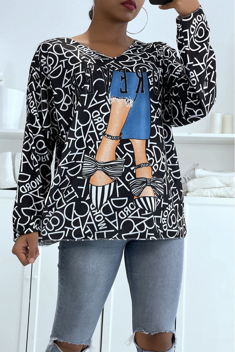 Light oversized very soft black V-neck sweater with fashion girl pattern - 2