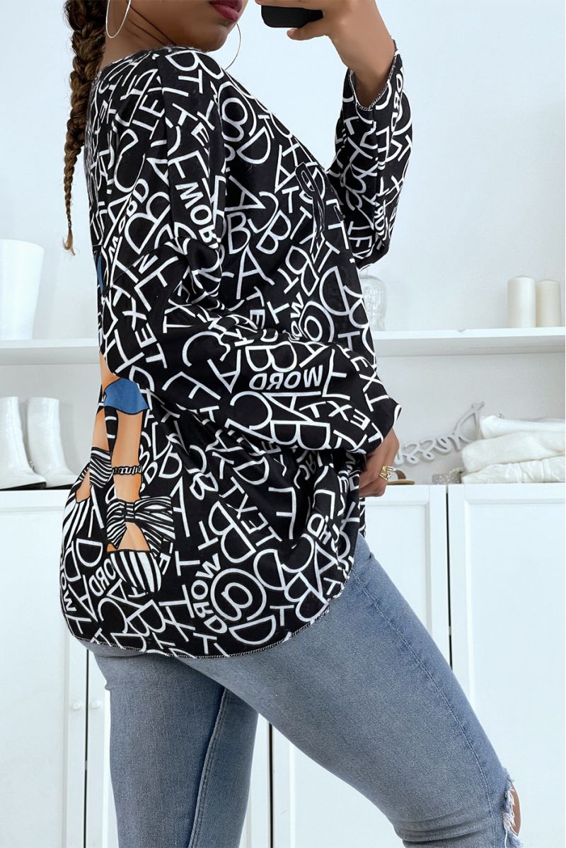 Light oversized very soft black V-neck sweater with fashion girl pattern - 3
