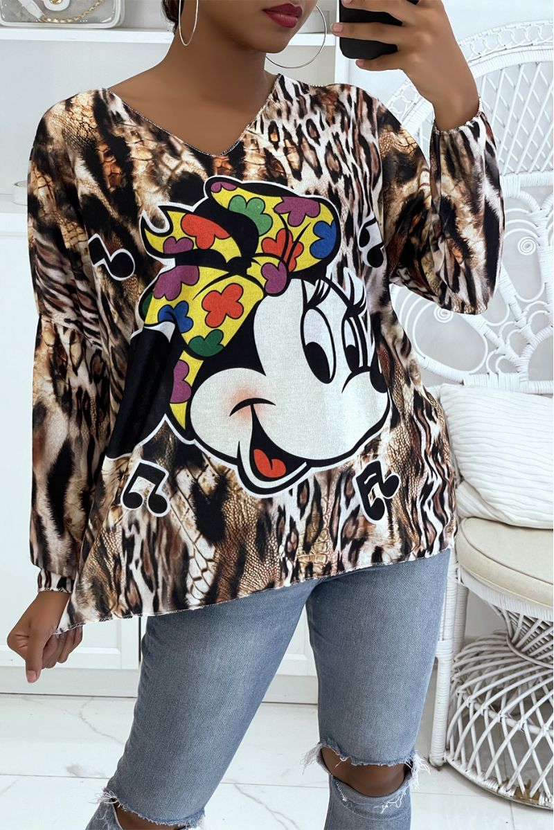 Pull col V léger oversize très doux motif léopard et imprimé Disney - 1