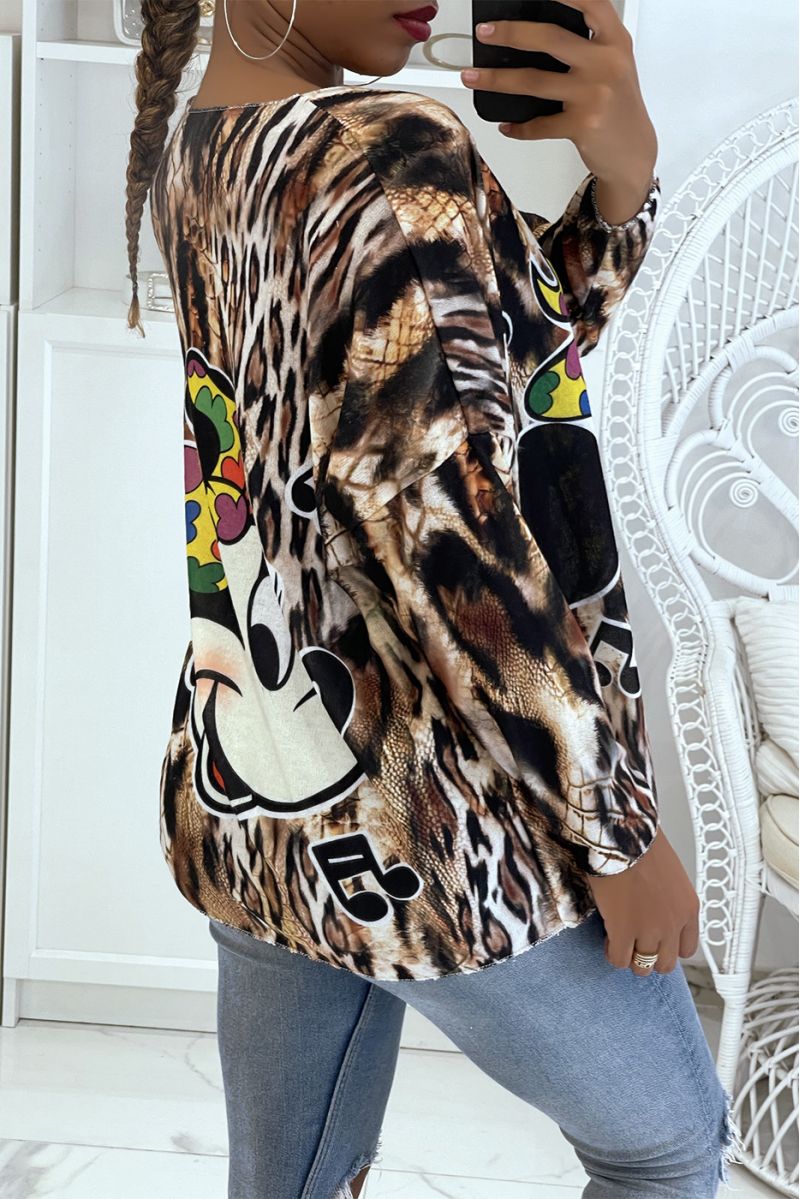 Pull col V léger oversize très doux motif léopard et imprimé Disney - 4