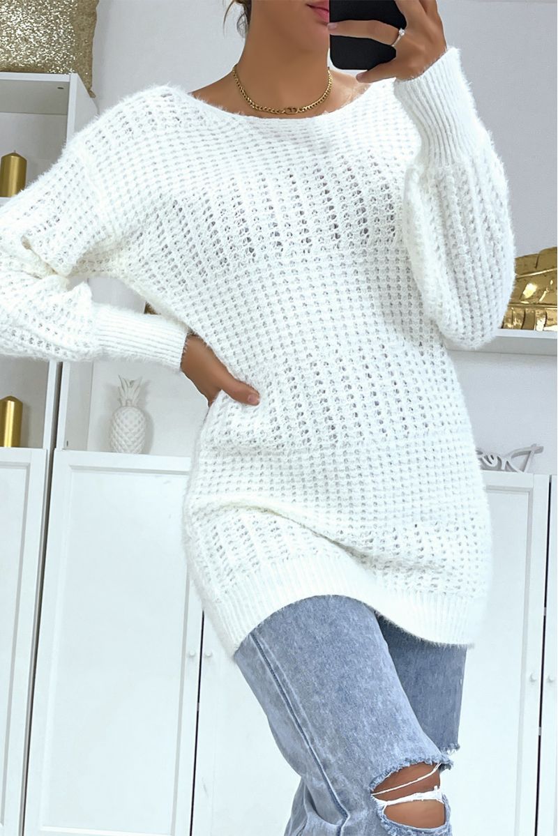 White chunky knit halterneck sweater with puffed sleeves - 3