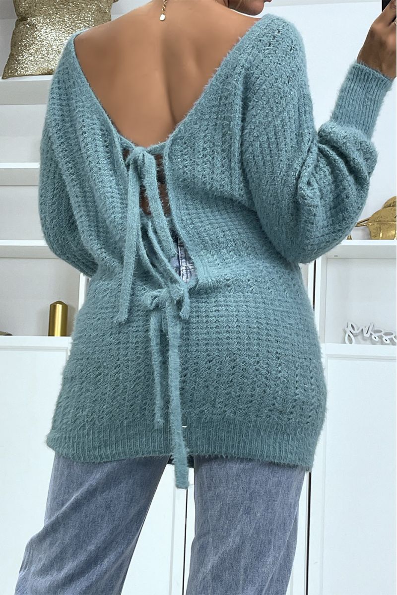 Blue chunky knit halterneck sweater with puffed sleeves - 1