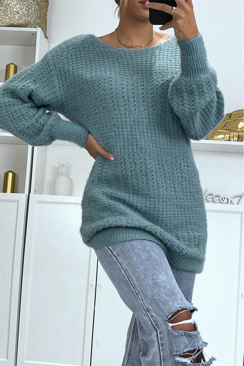 Blue chunky knit halterneck sweater with puffed sleeves - 3