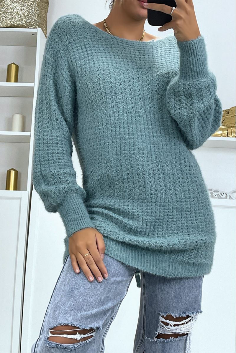 Blue chunky knit halterneck sweater with puffed sleeves - 4