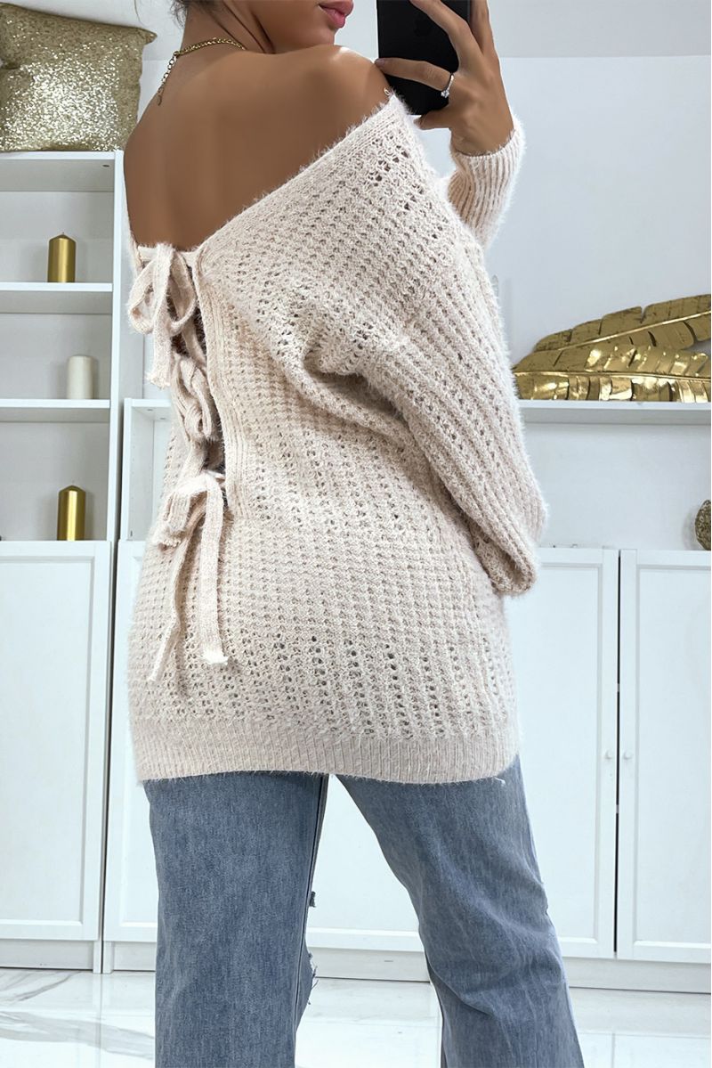 Pink chunky knit halterneck sweater with puffed sleeves - 1