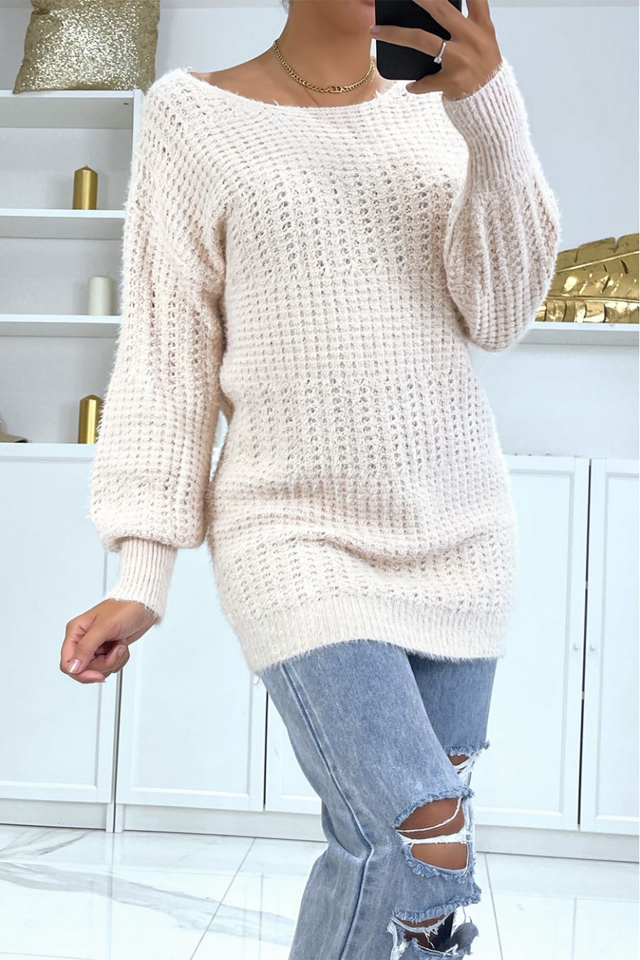 Pink chunky knit halterneck sweater with puffed sleeves