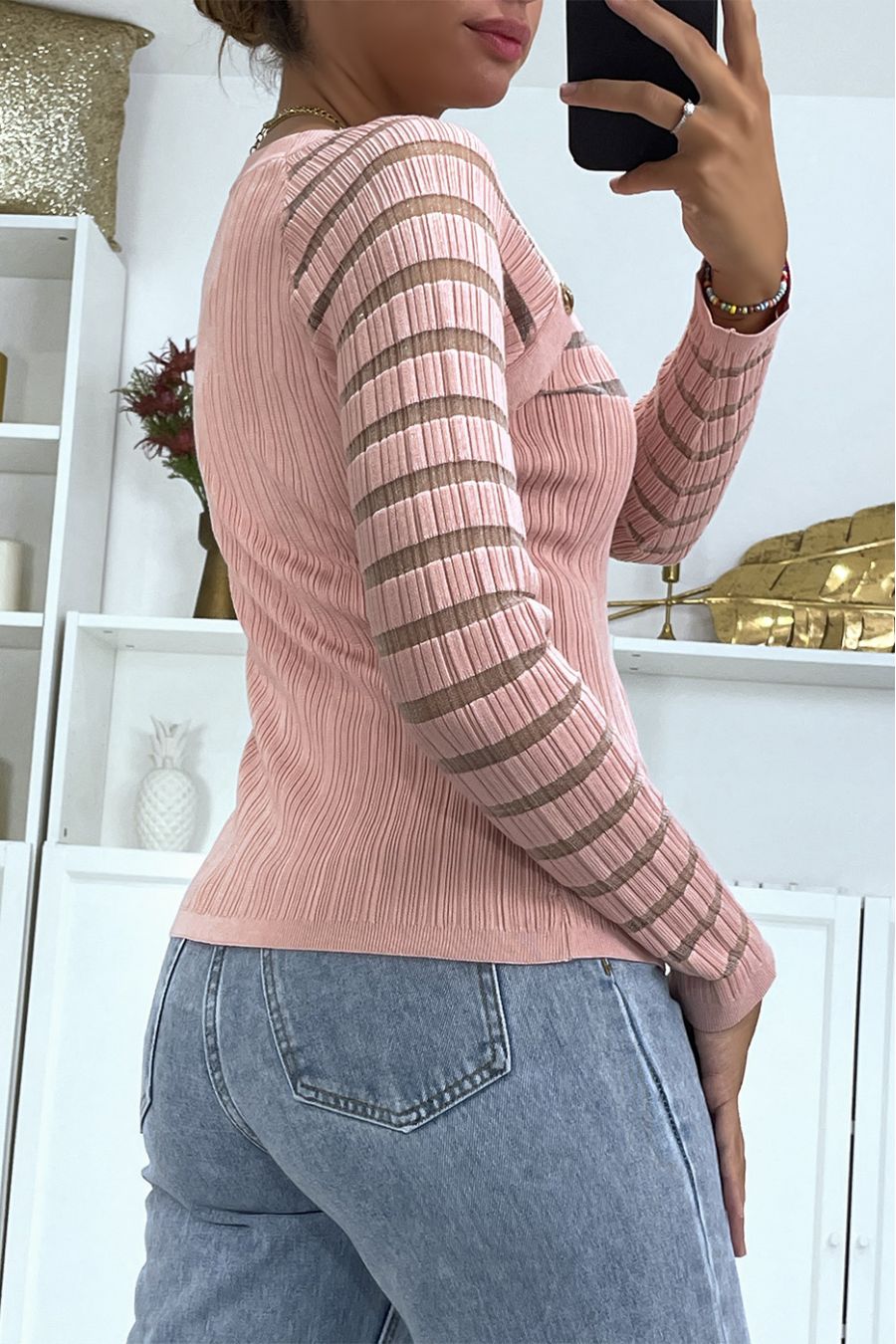 Pink bi-material ribbed sweater on top and sleeves - 1