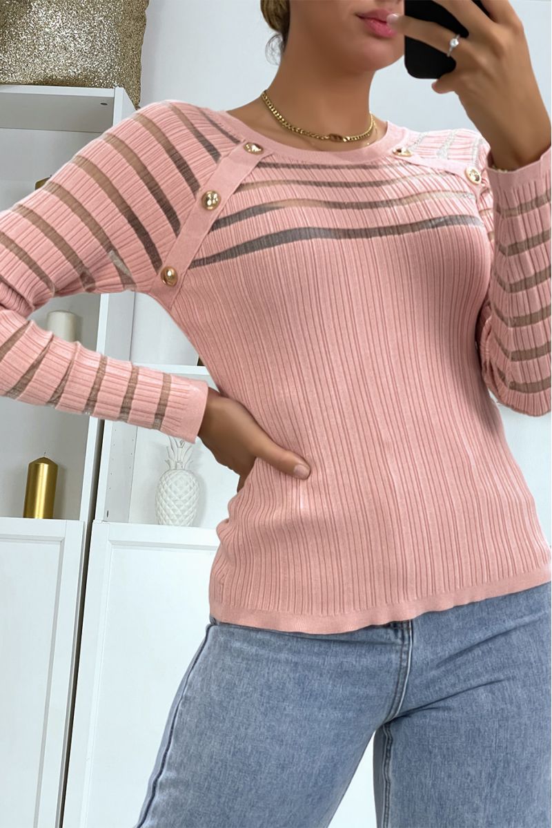 Pink bi-material ribbed sweater on top and sleeves - 2