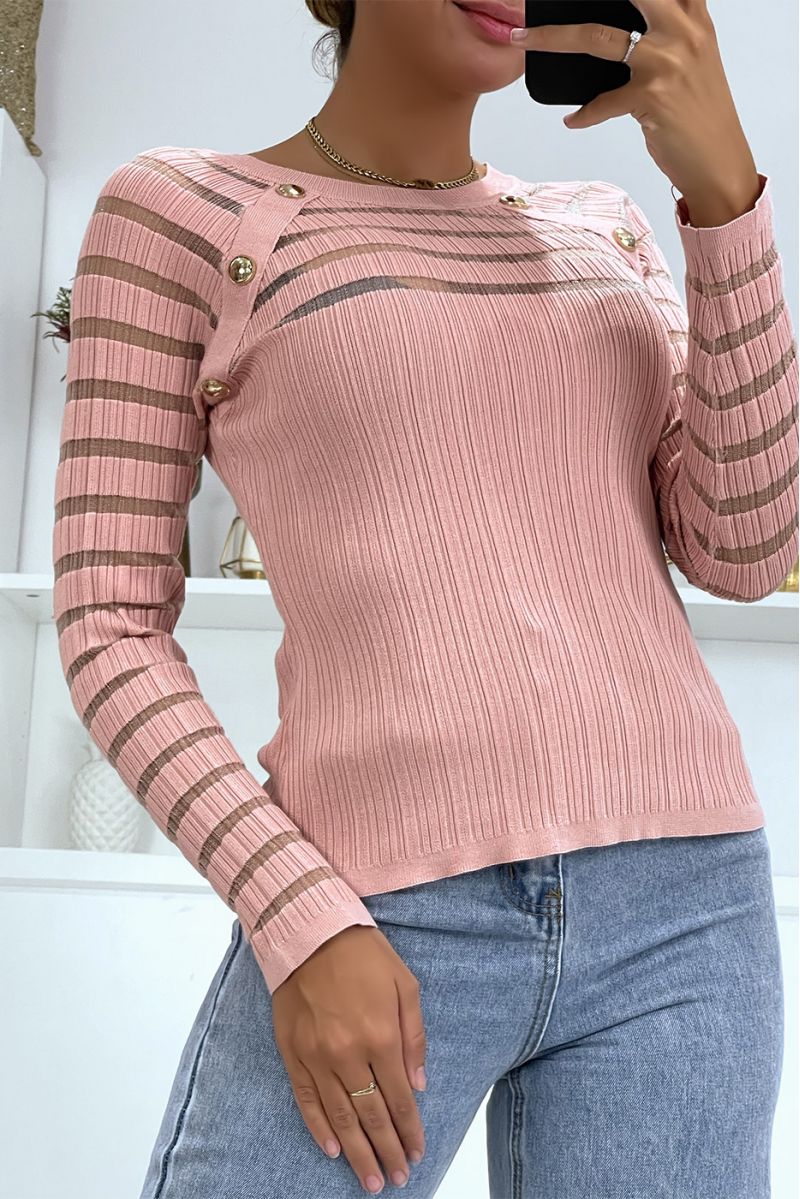 Roze bi-materiaal geribbelde trui aan de bovenzijde en mouwen - 3