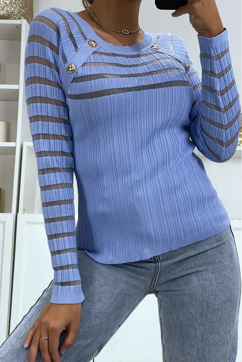 Turquoise bi-materiaal geribbelde sweater aan de bovenzijde en mouwen - 2