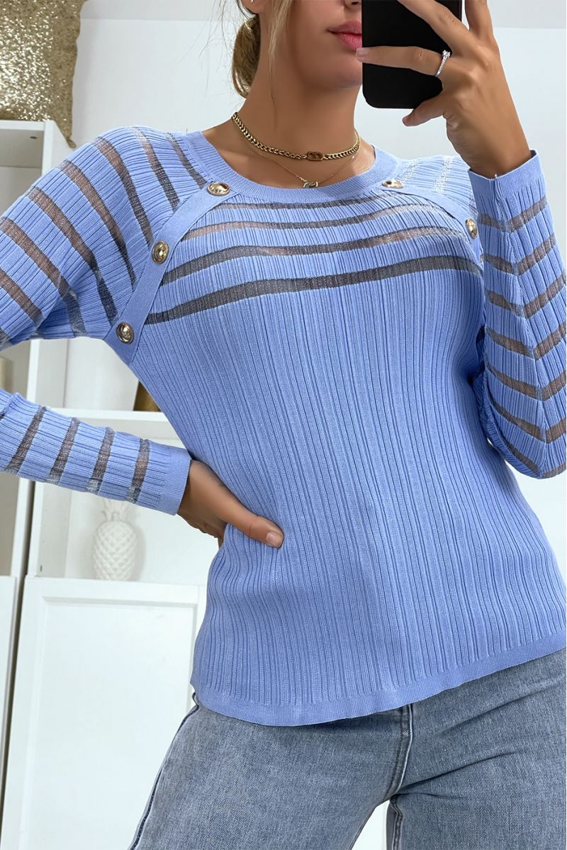 Turquoise bi-materiaal geribbelde sweater aan de bovenzijde en mouwen - 3