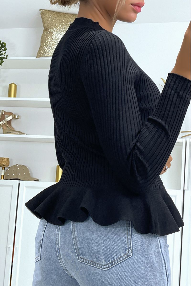 Zwarte geribbelde peplum-cut sweater met hoge kraag - 1