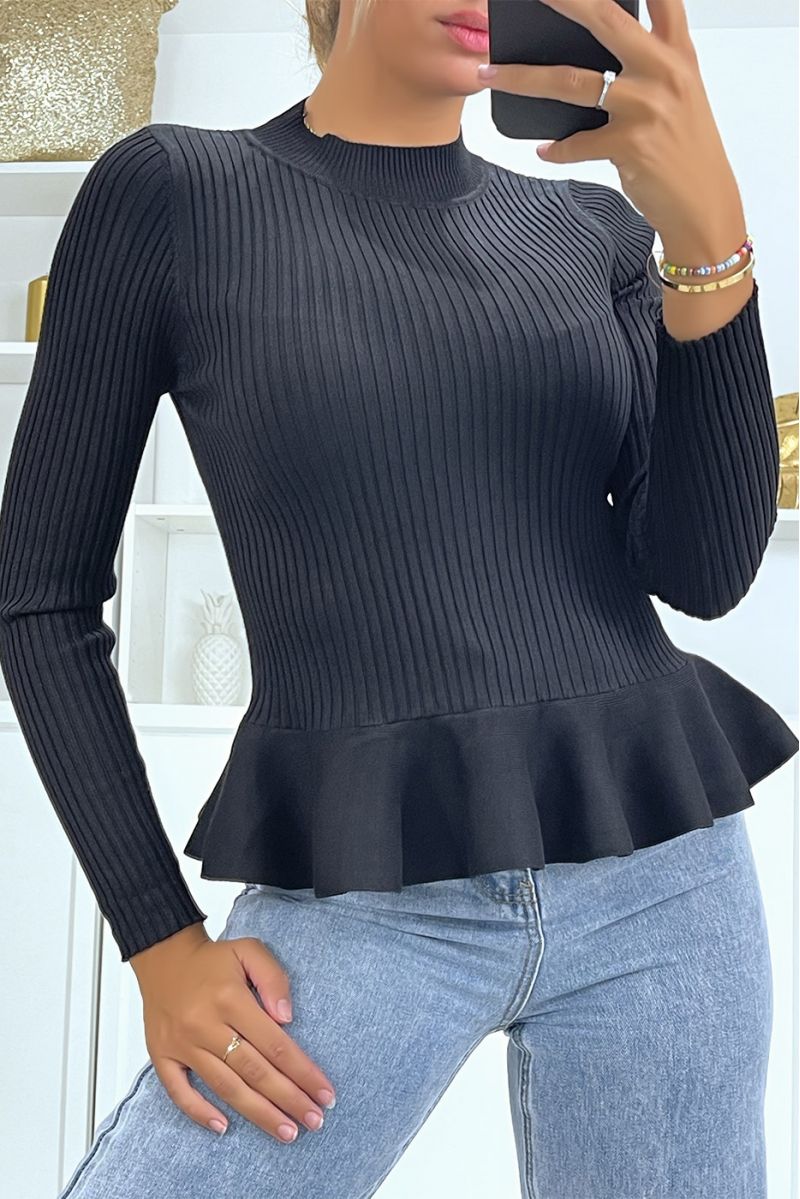 Black ribbed peplum cut sweater with high collar - 3