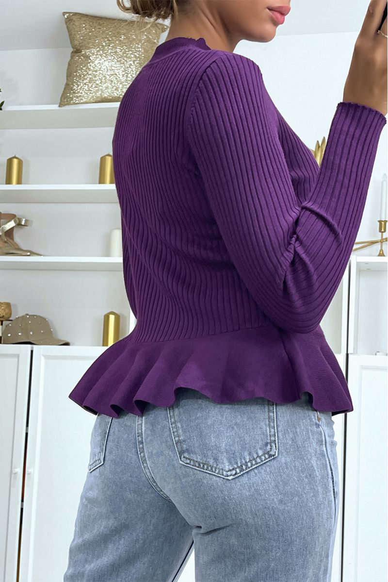 Paarse geribbelde peplum-cut sweater met opstaande kraag - 1