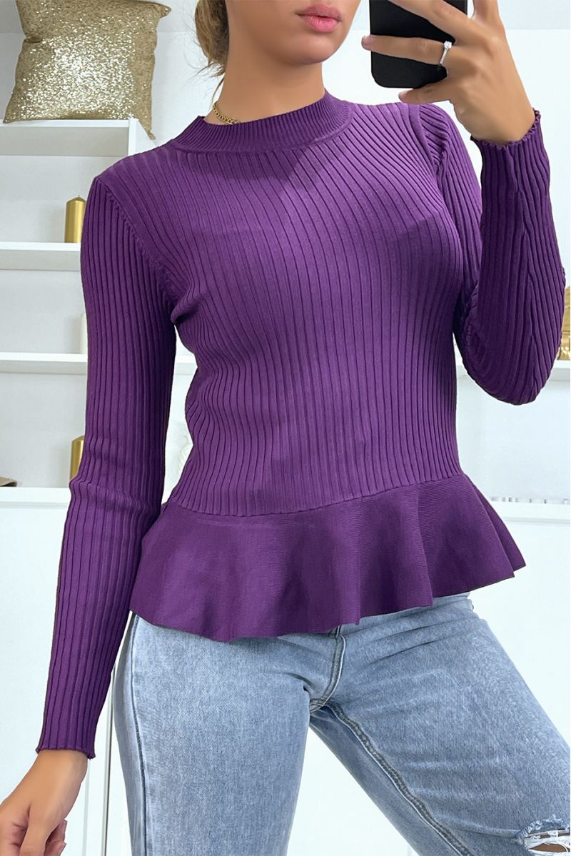 Purple ribbed peplum cut sweater with high neck - 3
