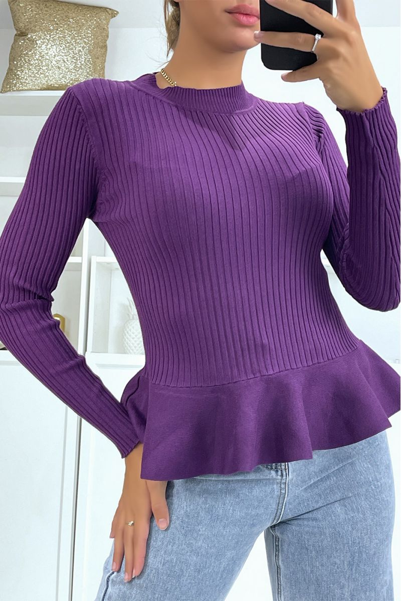 Paarse geribbelde peplum-cut sweater met opstaande kraag - 4