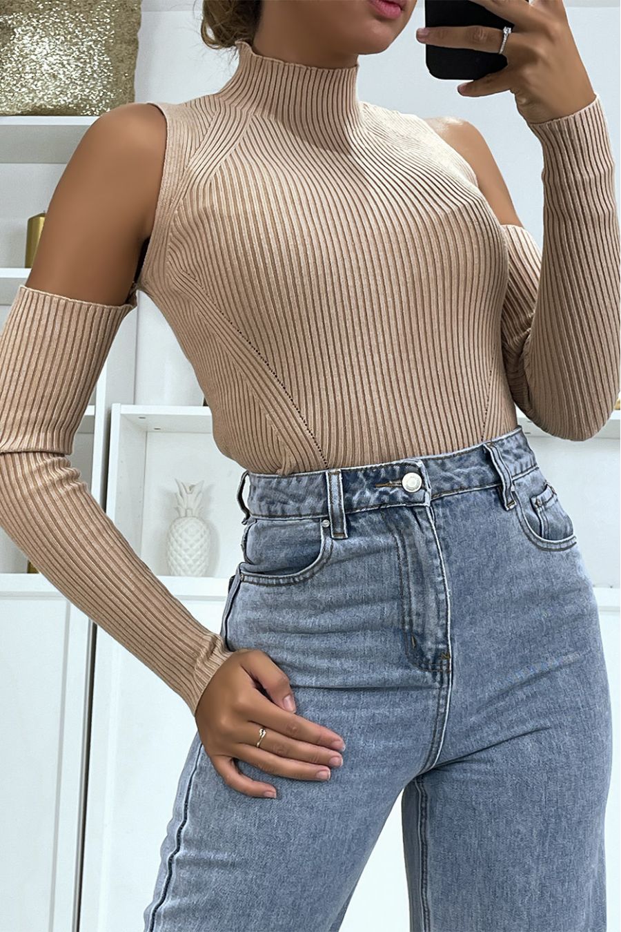 Camel ribbed off-the-shoulder high-neck sweater - 8