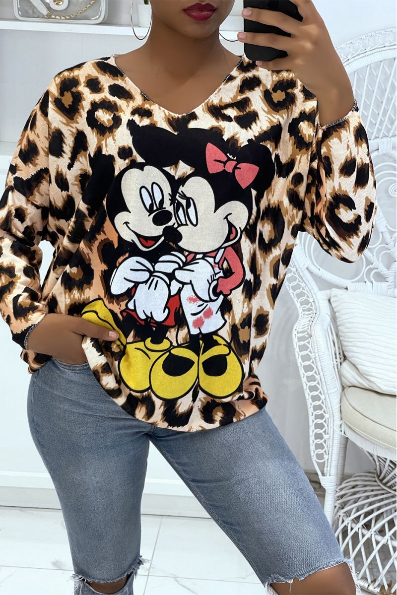 Very soft lightweight oversized V-neck sweater with leopard pattern and Disney mickey and minnie print - 1