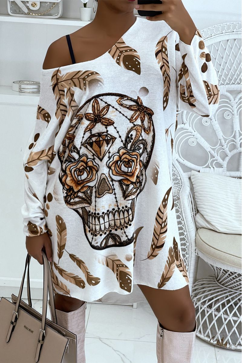 Light oversized white V-neck sweater dress with grunge style skull pattern - 1