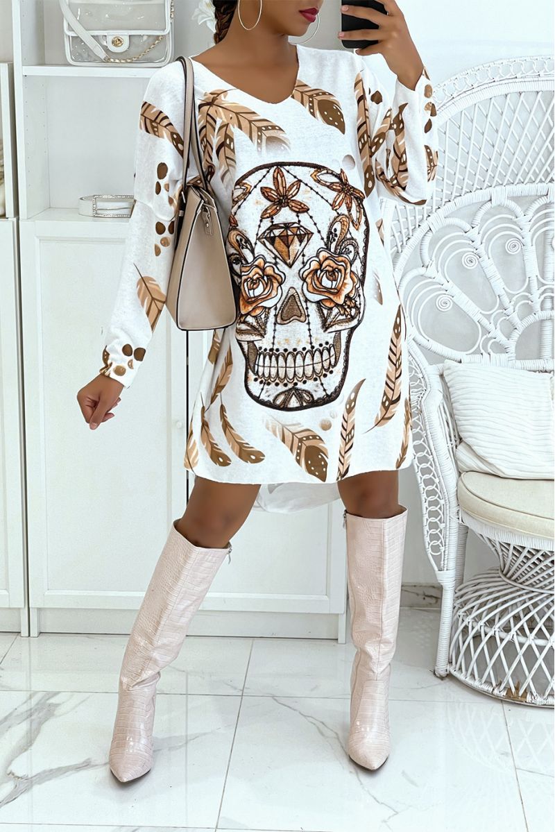 Light oversized white V-neck sweater dress with grunge style skull pattern - 4