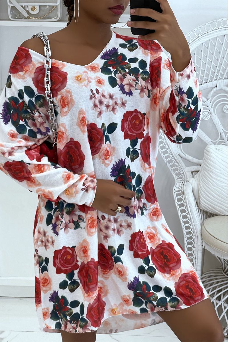 Light and oversized V-neck sweater dress with red flower print - 1