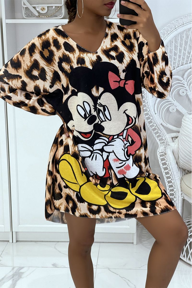 Lightweight oversized leopard Disney print V-neck sweater dress   - 1