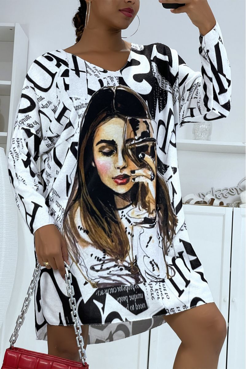 LiLLt and oversized white V-neck sweater dress with magazine style print and girl's drawing - 2