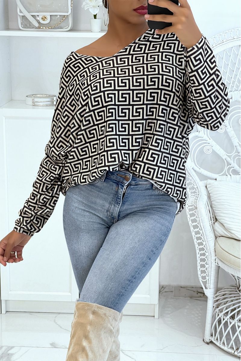 Light and oversized V-neck sweater with beige luxury brand-inspired print - 2