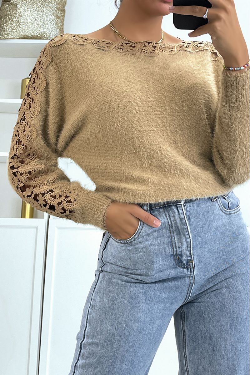 Fluffy taupe boat neck sweater - 3