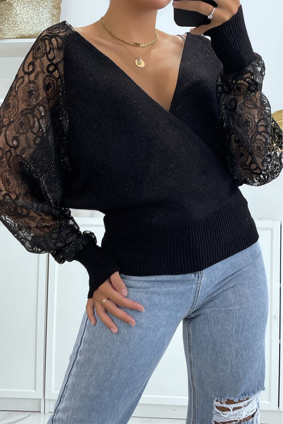 Black wrap sweater with lace sleeves