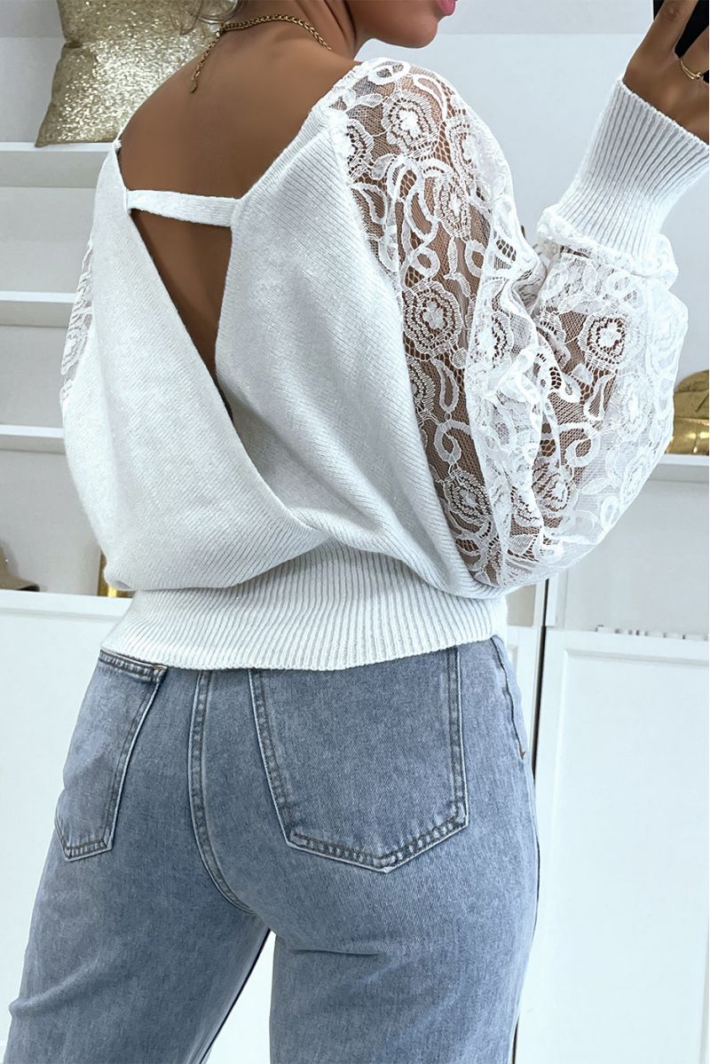 White wrap sweater with lace sleeves - 1