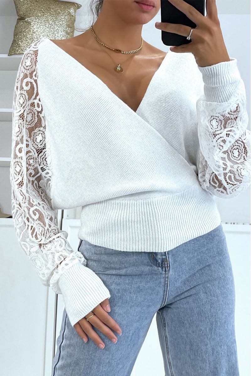 White wrap sweater with lace sleeves - 4