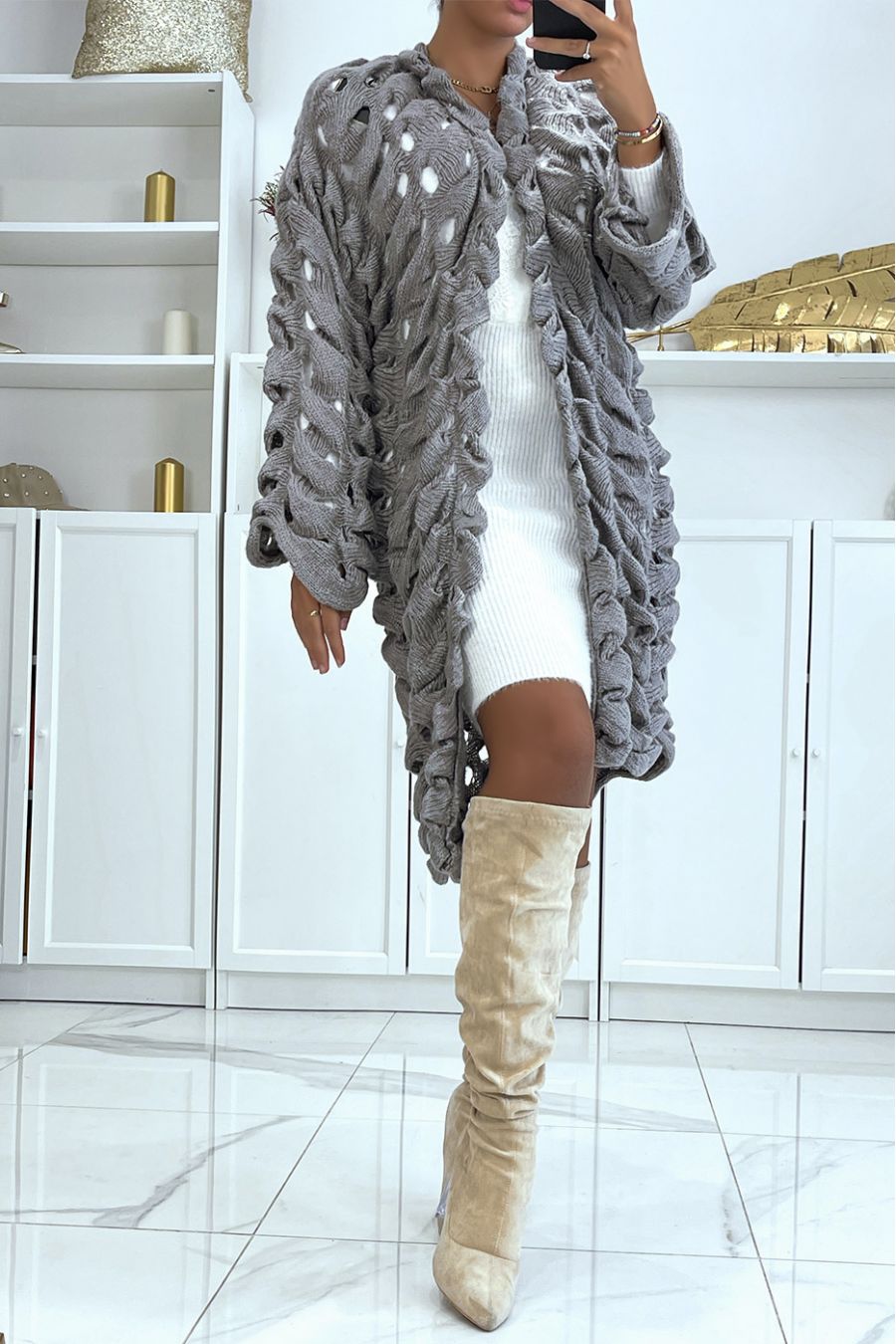 Gray cardigan in very original openwork chunky knit - 2