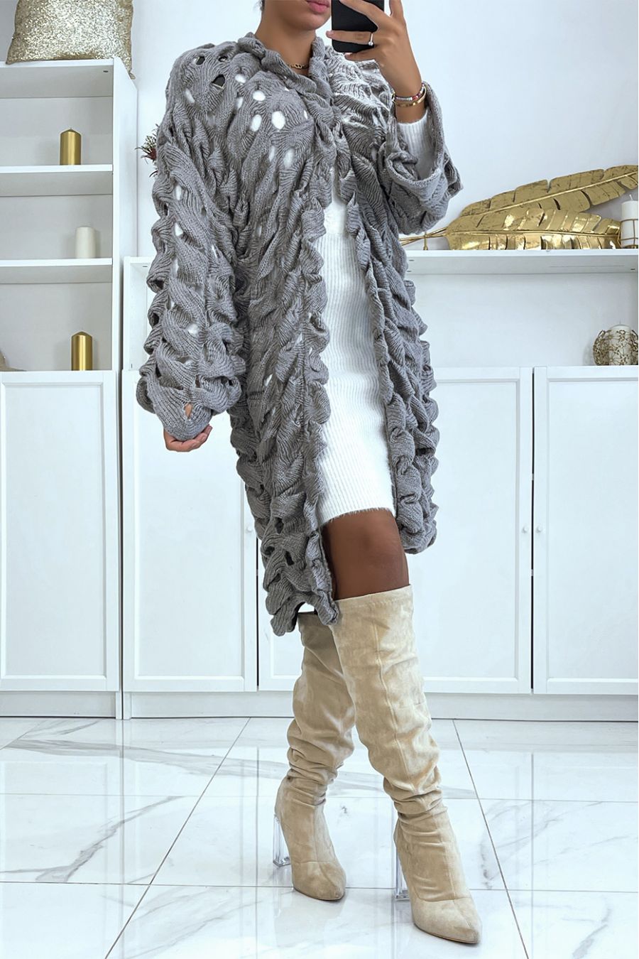 Gray cardigan in very original openwork chunky knit - 4