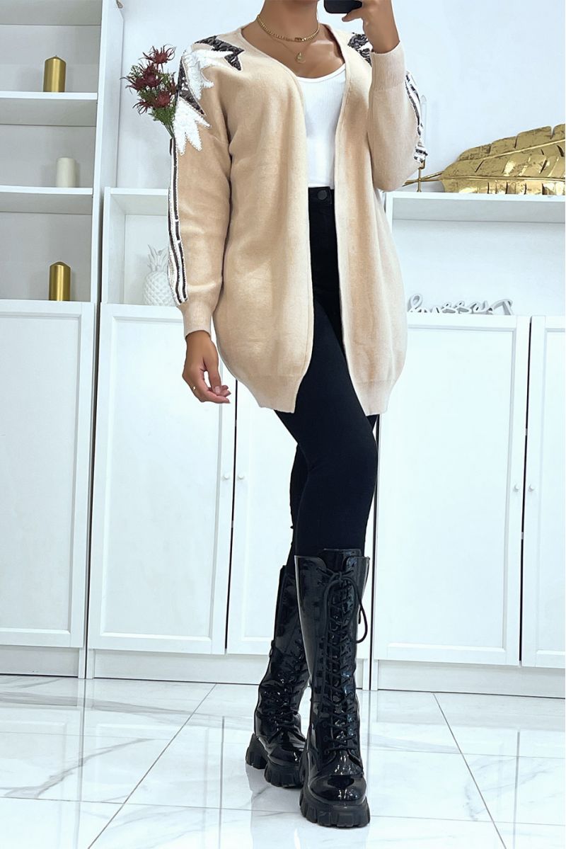 Mid-length beige cardigan with large rhinestone patterns on the sleeves - 2